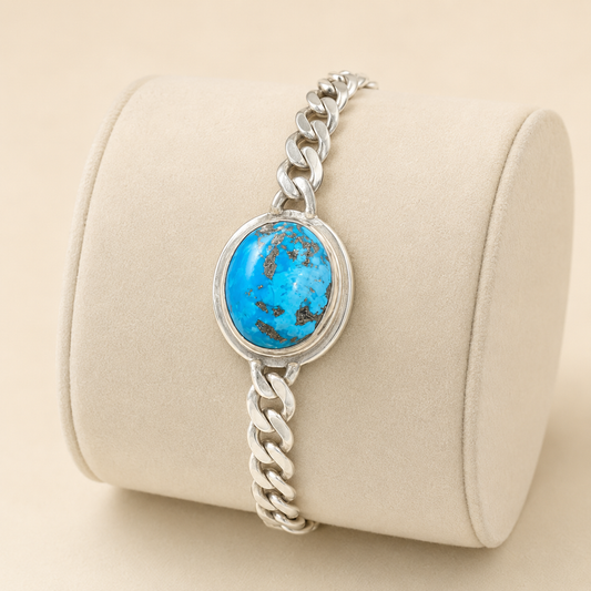 Unisex turquoise oval 925 sterling silver Cuban bracelet with high-dome link chain
