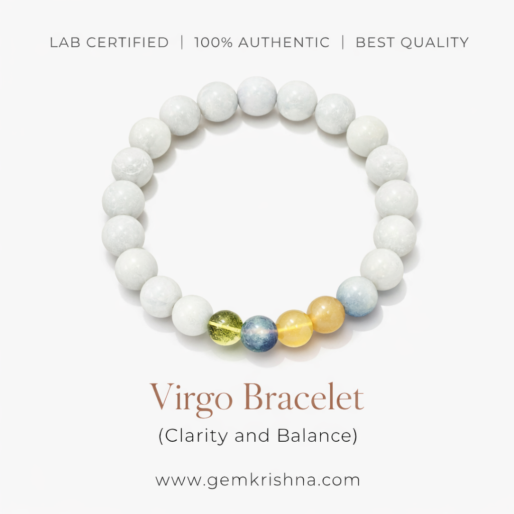 Virgo bracelet with white round beads and multicolor center gemstones, clarity and balance design